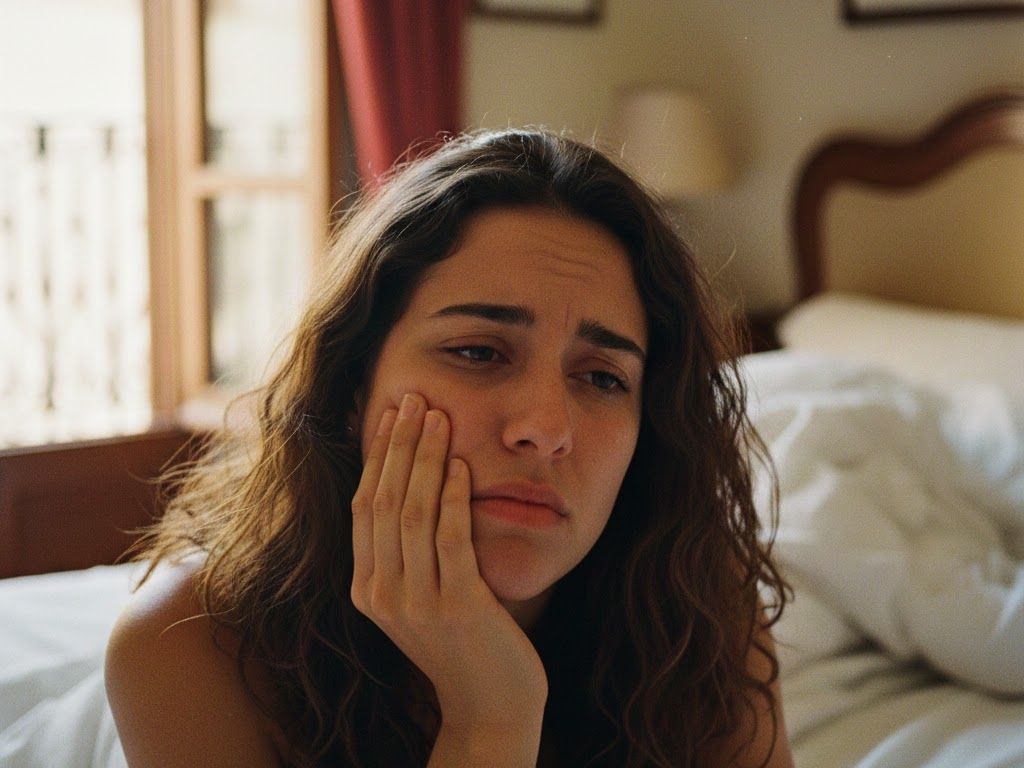 Mujer se lenvanta con dolor de mandibula, cabeza y cuello por rechinar los dientes durante la noche.